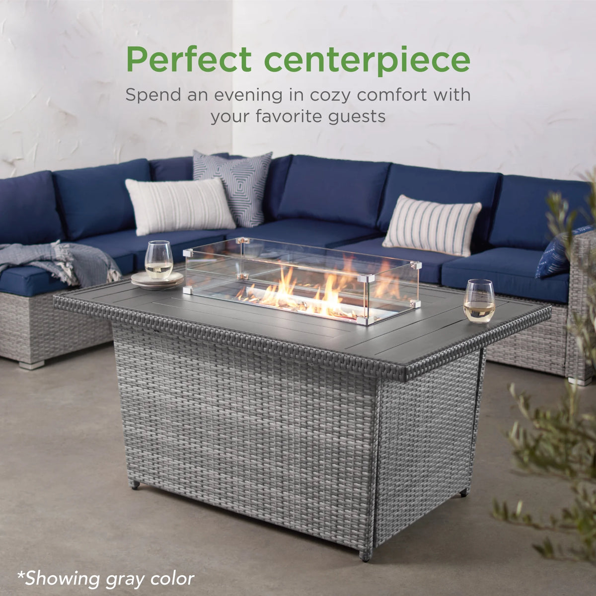 52in Gray Wicker Propane Gas Fire Pit Table with Glass Wind Guard I386546