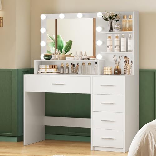 White Vanity Desk with 5 Drawers & Mirror D7717