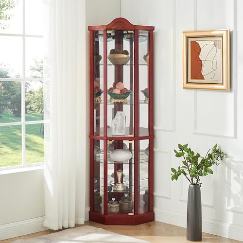 Antique Style Glass Corner Curio Display Cabinet with Adjustable Shelves and Push-to-Open Doors (Cherry) C926