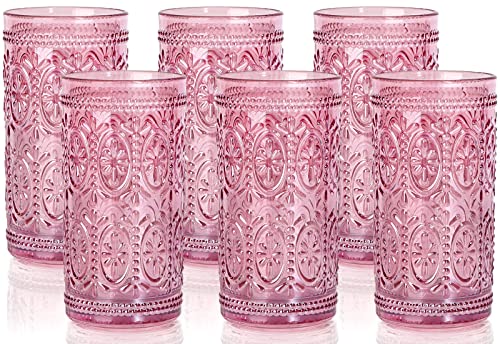 6 Pack Pink 12oz Highball Embossed Beverage Glass Cup K58805