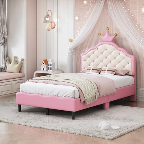 Twin Size Pink Upholstered Bed Frame with Tufted Headboard G517136