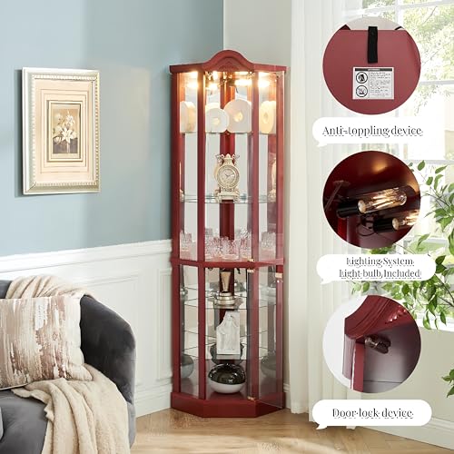 Antique Style Glass Corner Curio Display Cabinet with Adjustable Shelves and Push-to-Open Doors (Cherry) C926