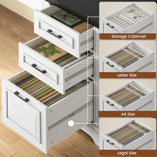 White L Shaped Desk with File Drawer and Power Outlet P686
