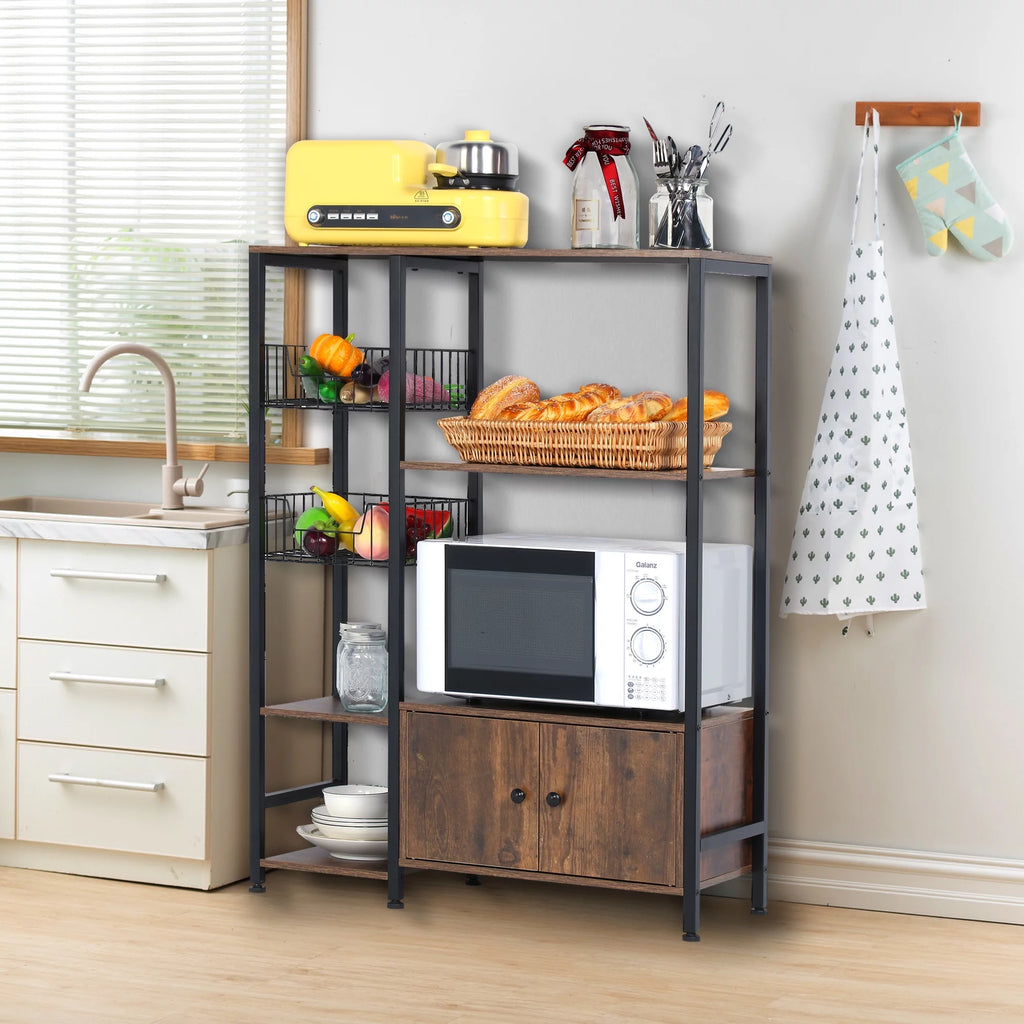 5-Tier Wood Brown Kitchen Bakers Rack with Cabinet R4535