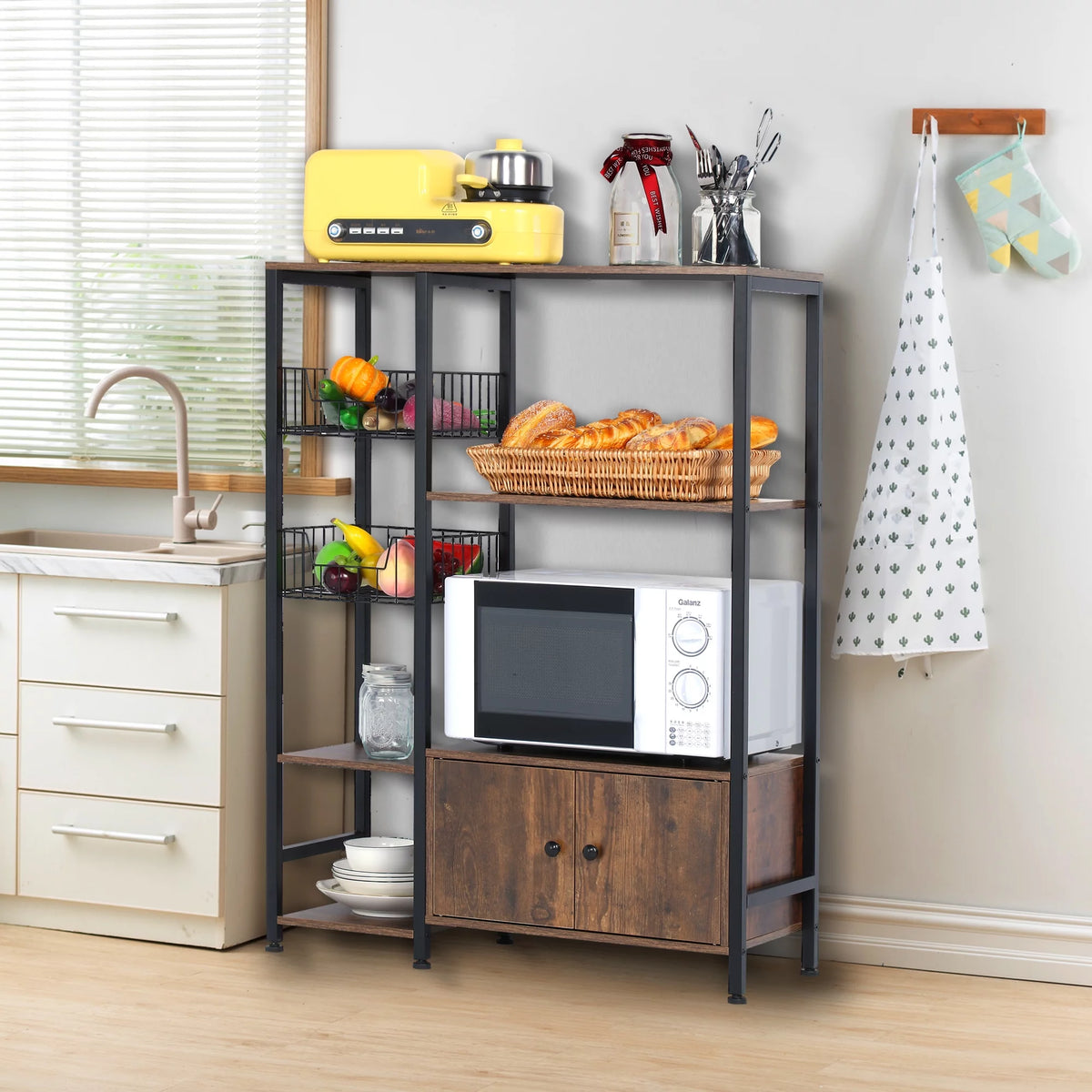 5-Tier Wood Brown Kitchen Bakers Rack with Cabinet R4535