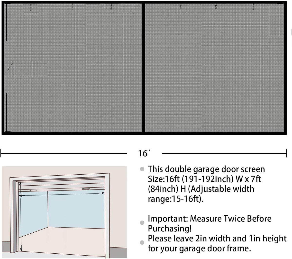 16x7Ft Magnetic Closure Fiberglass Mesh Garage Door Screen D4881