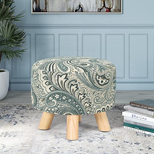 Small Round Ottoman Foot Rest Stool Linen Padded Seat Footstool with Non-Skid Wooden Legs White Black I9157