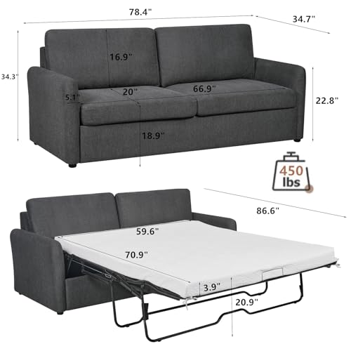 86.6" Queen Sleeper Sofa with Pullout Bed in Dark Grey Y77742
