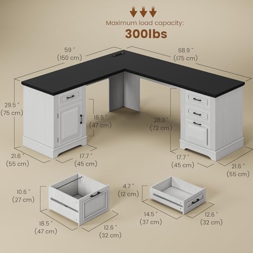 White L Shaped Desk with File Drawer and Power Outlet P686
