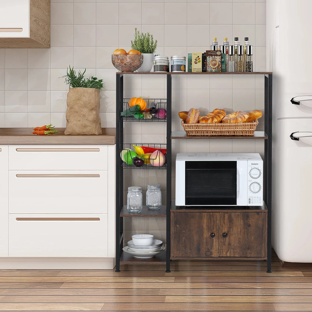 5-Tier Wood Brown Kitchen Bakers Rack with Cabinet R4535
