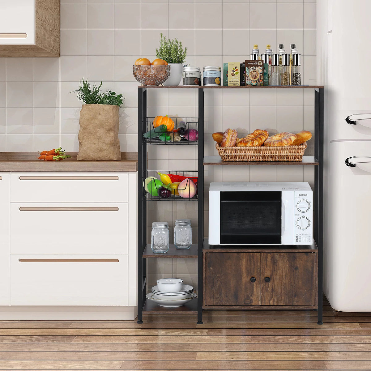 5-Tier Wood Brown Kitchen Bakers Rack with Cabinet R4535