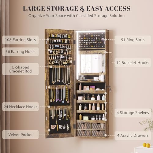 47.2" LED Grey Jewelry Mirror Cabinet with 4 Drawers 5 Shelves A373306