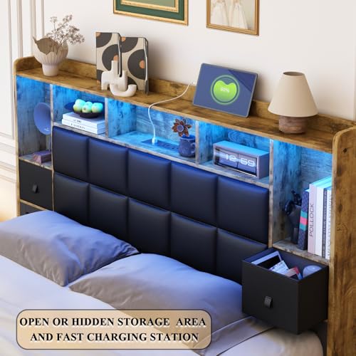 Full Size LED Upholstered Platform Bed Frame with Bookshelf Headboard and 2 Hidden Storage Drawers J35091