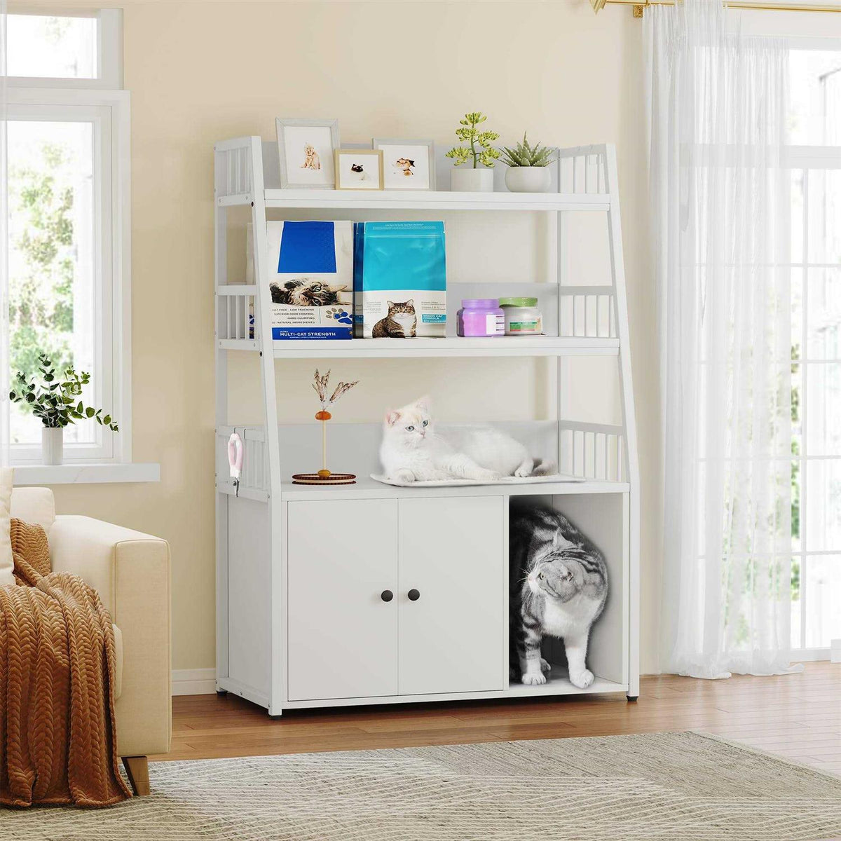 Cat Litter Box Enclosure with Storage Shelves Wooden Hidden Cat Cabinet R49864