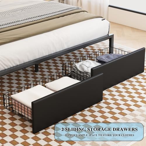Full Size LED Upholstered Platform Bed Frame with Bookshelf Headboard and 2 Hidden Storage Drawers J35091