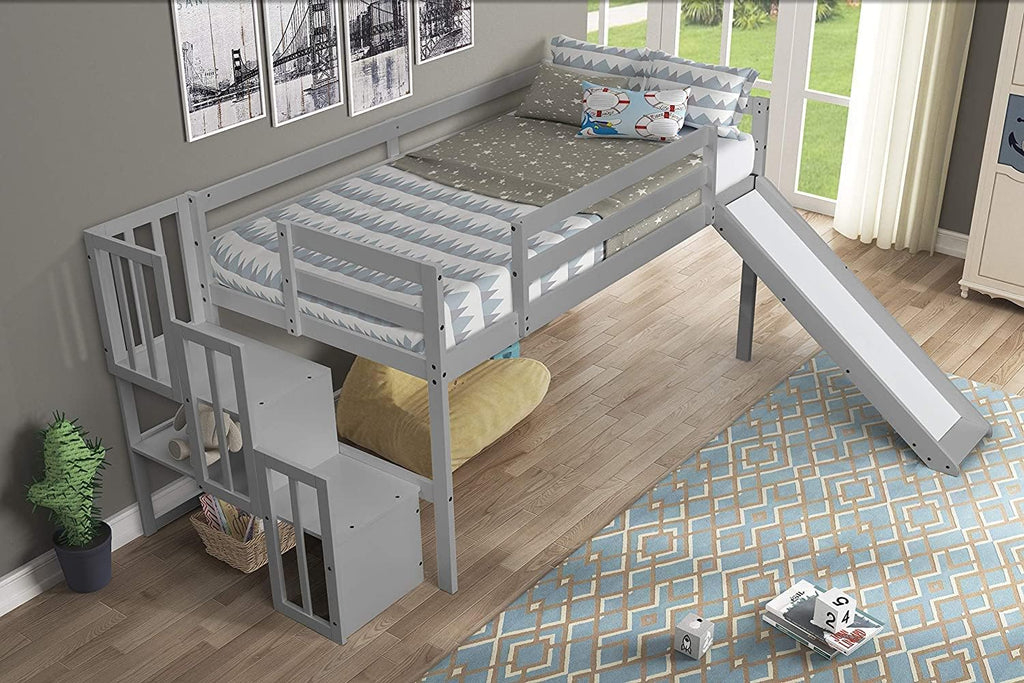 Twin Over Twin Low Bunk Bed with Slide and Ladder Grey I77466