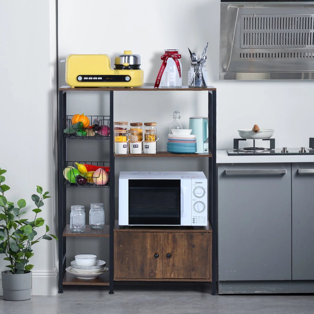 5-Tier Wood Brown Kitchen Bakers Rack with Cabinet R4535