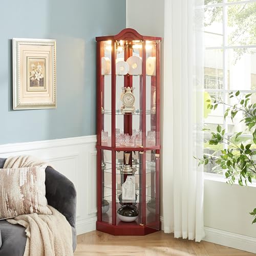 Antique Style Glass Corner Curio Display Cabinet with Adjustable Shelves and Push-to-Open Doors (Cherry) C926