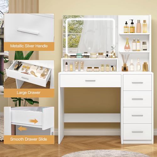 White Vanity Desk with 5 Drawers & Mirror D7717