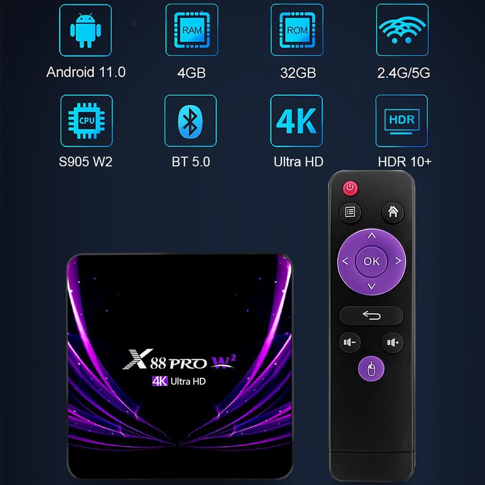 Android TV Box 11.0 Quad Core 4GB RAM 32GB ROM Dual-WiFi 2.4G 5G HDR10 BT5.0 USB 2.0 3D Ethernet with Mini Backlit Keyboard X153243