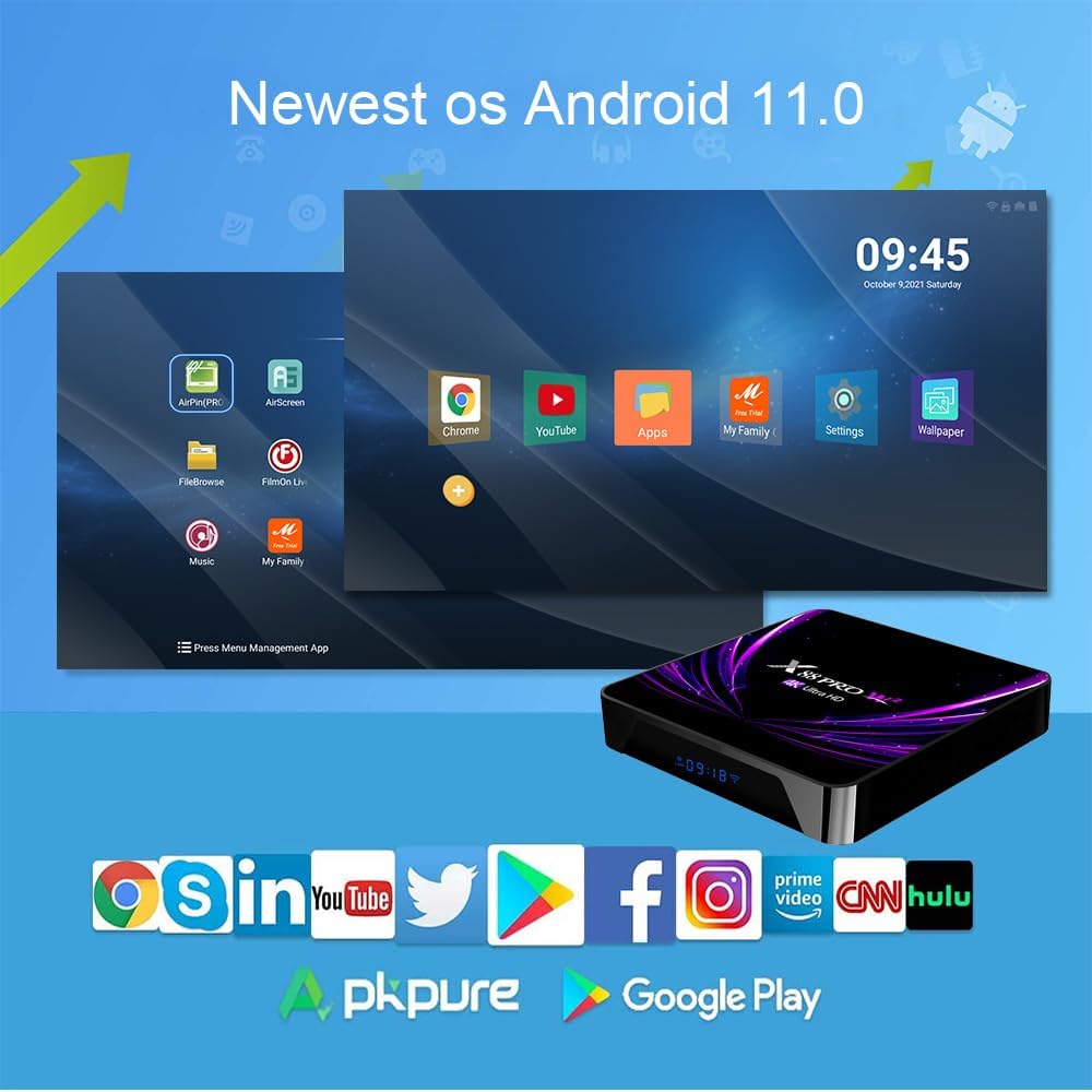 Android TV Box 11.0 Quad Core 4GB RAM 32GB ROM Dual-WiFi 2.4G 5G HDR10 BT5.0 USB 2.0 3D Ethernet with Mini Backlit Keyboard X153243
