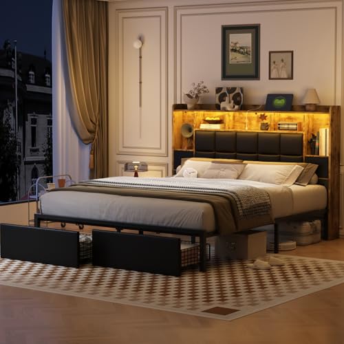 Full Size LED Upholstered Platform Bed Frame with Bookshelf Headboard and 2 Hidden Storage Drawers J35091