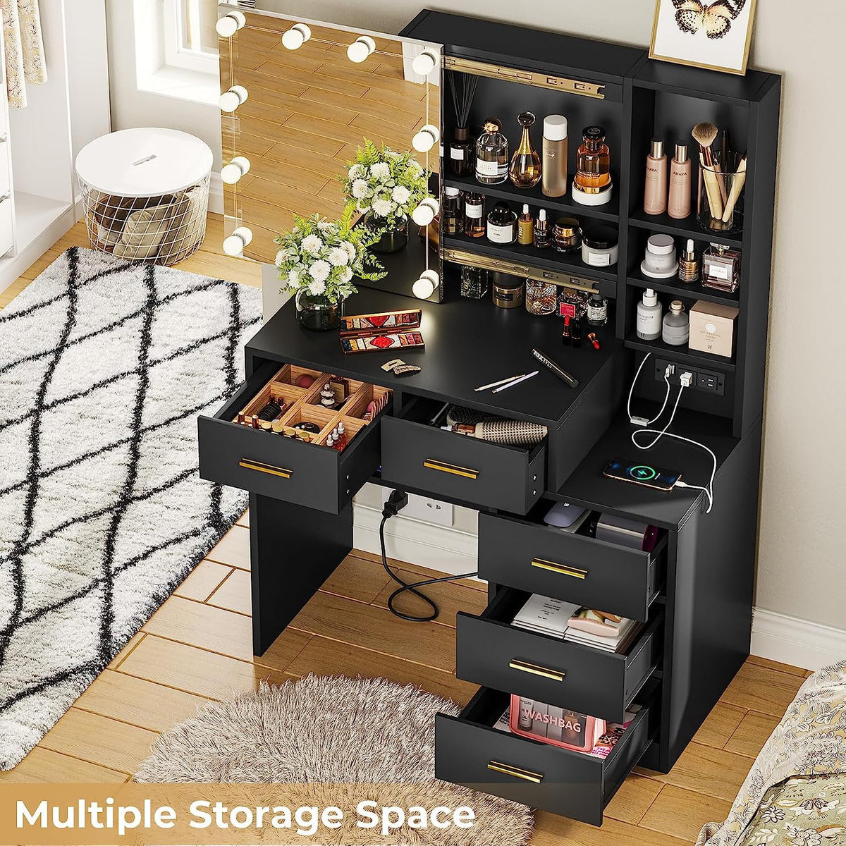 Black Vanity Table with Sliding Mirror and LED Lights D320