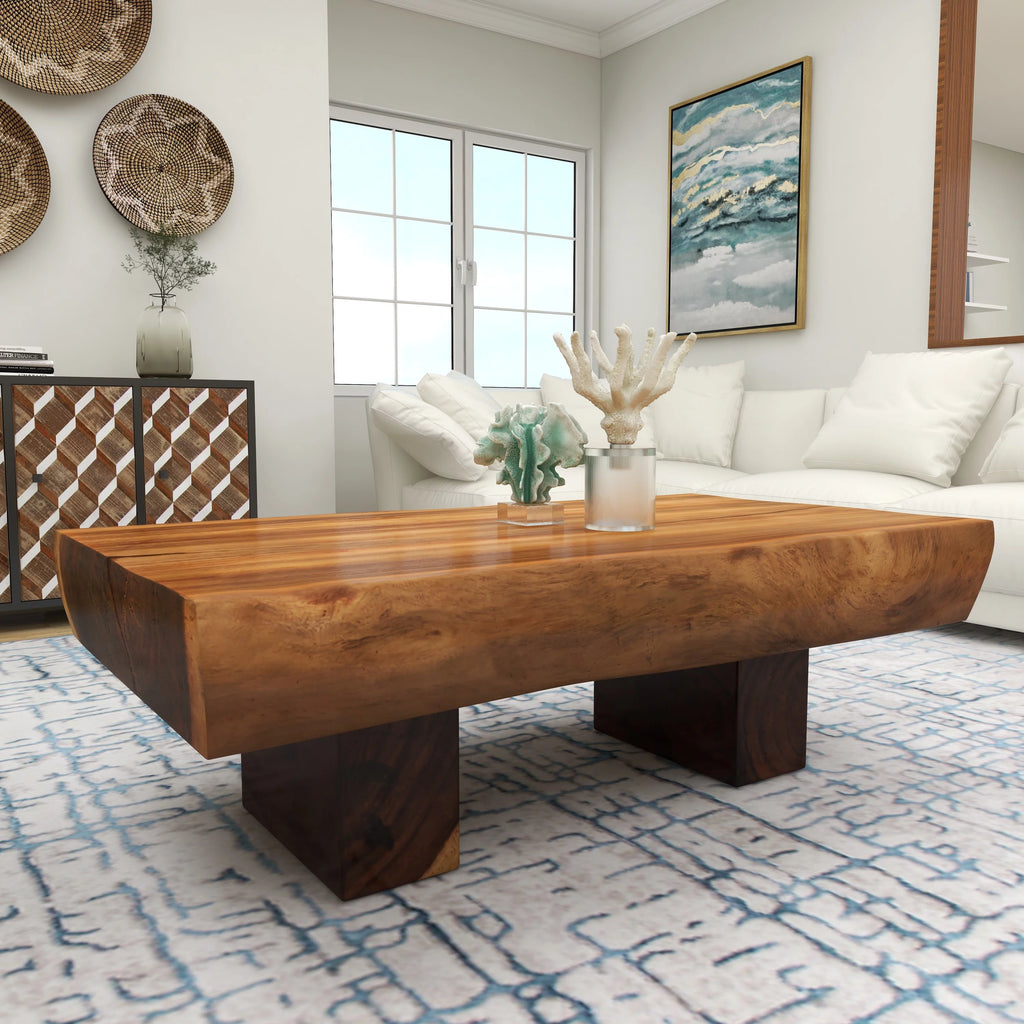 Brown Wood Live Edge Coffee Table with Block Style Base K772