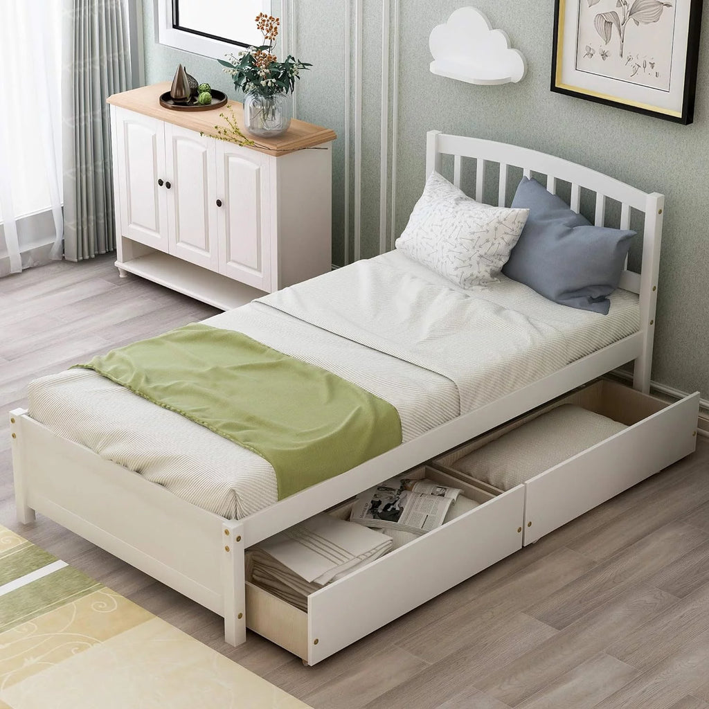 White Wood Platform Storage Bed with Two Drawers and Headboard W885255