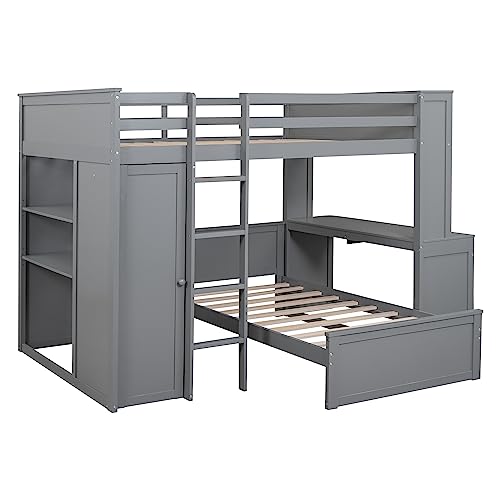 Twin Size Loft Bed with Built-in Desk & Wardrobes, Wood Bedframe with 4 Drawers & 4 Shelves, Gray E374340