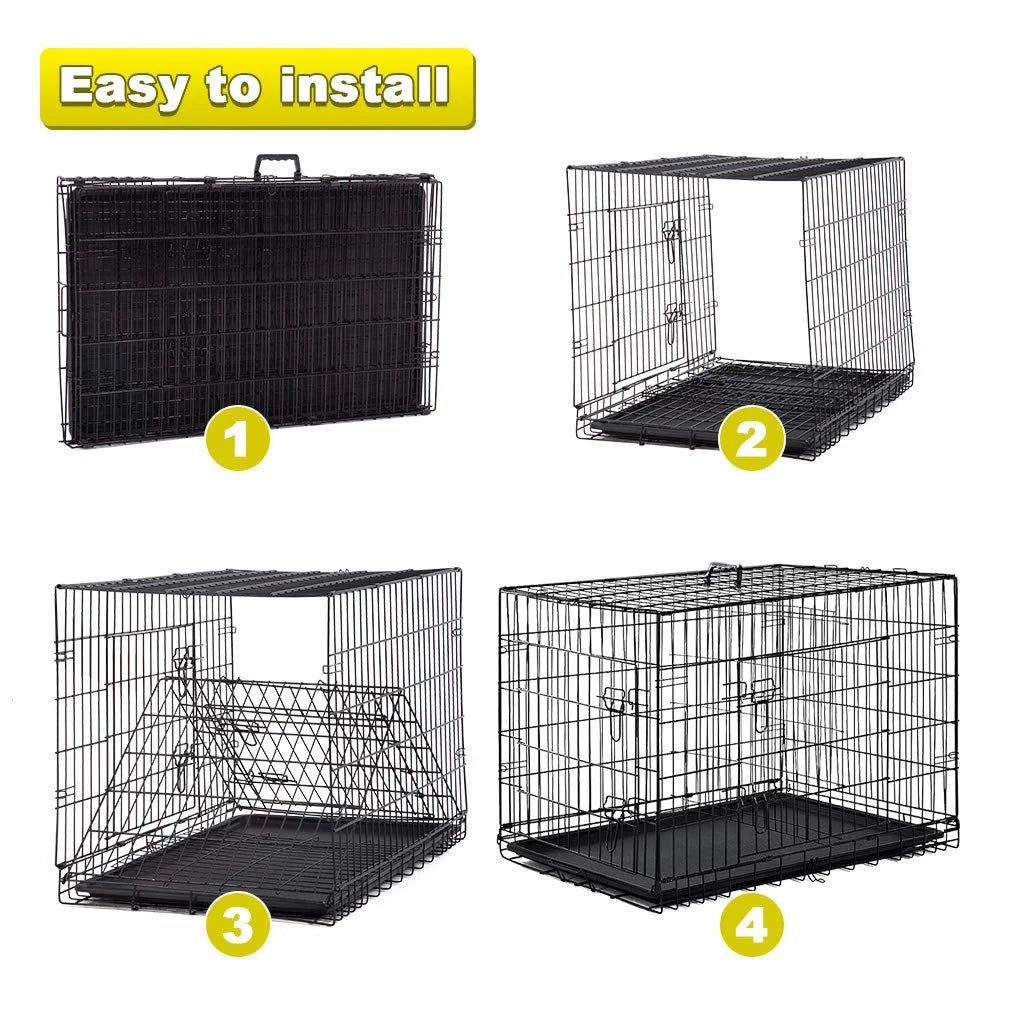Black Folding Metal Wire Dog Crate with Double-Door J5313