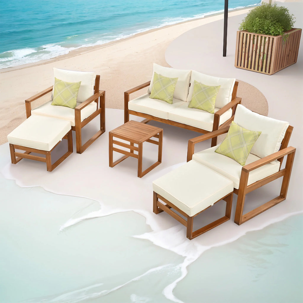 6-Piece Wood Outdoor Patio Conversation Set with Ottomans and Cushions W95514