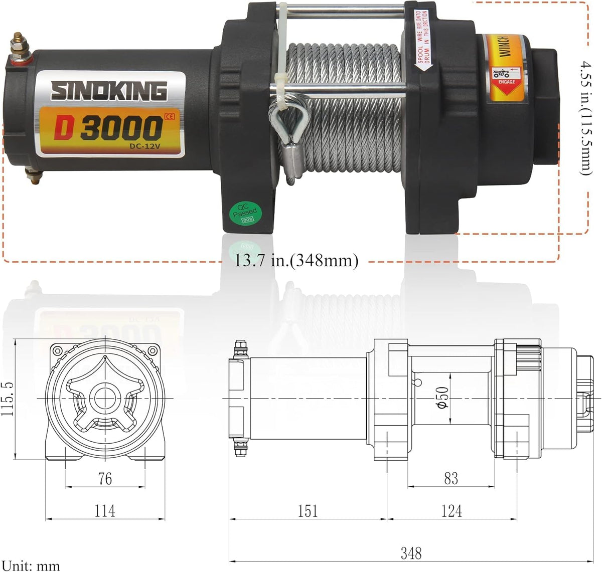 12VDC 3000LB UTV ATV Winch with Steel Cable Electric Winch Kit with Wireless Remote Control M4744