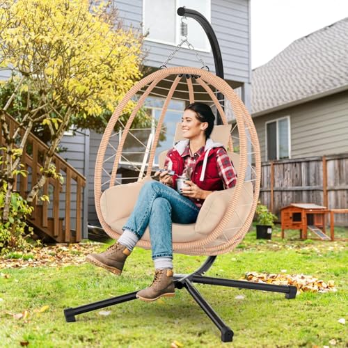 Hanging Egg Chair with Stand, UV Resistant Cushion & Pillow, 370lbs Capacity, Beige N878373