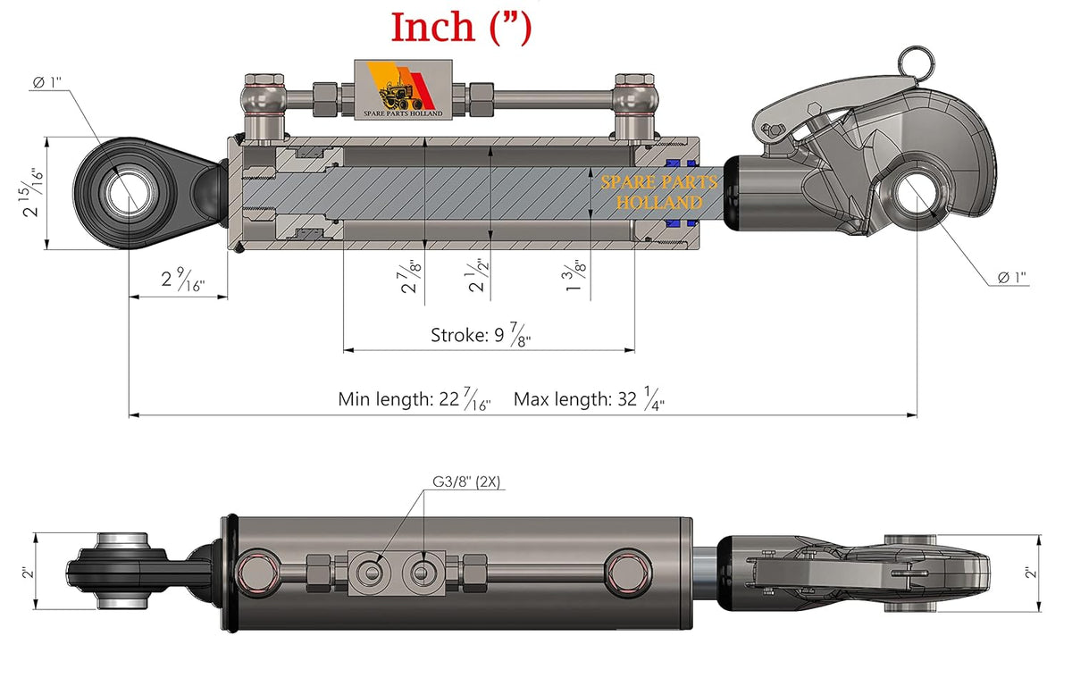 Hydraulic Top Link Cat. 2 Catch Hook 22 7/16 - 32 1/4 Locking Block Stroke 9 7/8 F76772