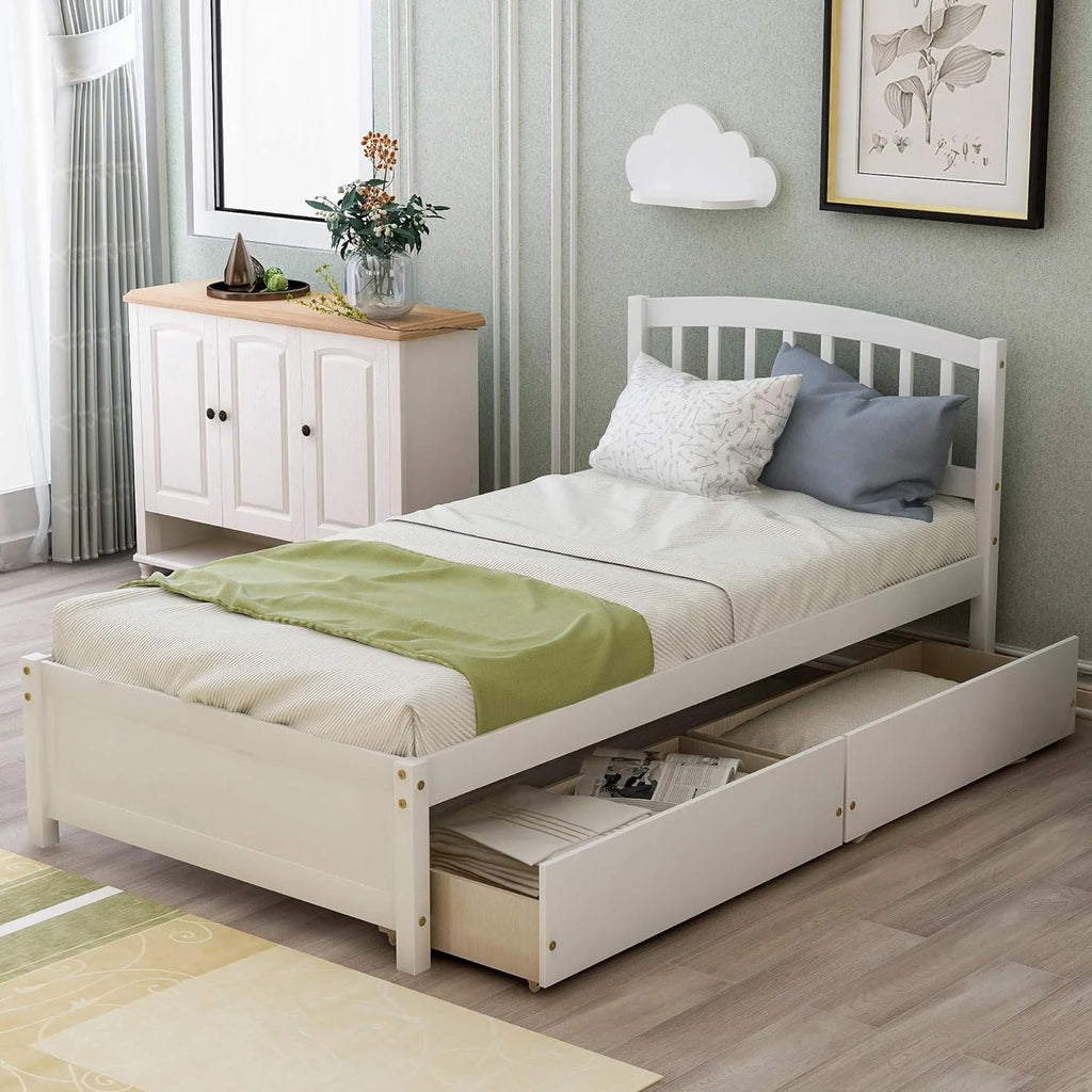 White Wood Platform Storage Bed with Two Drawers and Headboard W885255
