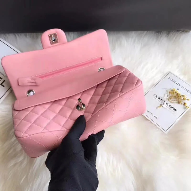 Pink Lambskin Leather Flap Bag Q474