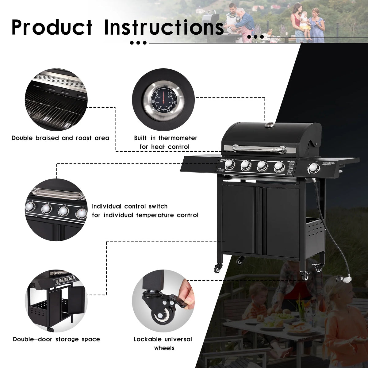 4-Burner Propane Gas Grill with Side Burner V165