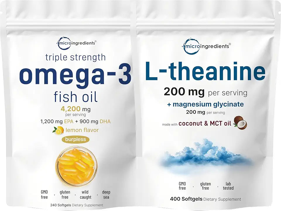 Omega-3 Fish Oil 4,200mg Softgels & L-Theanine 200mg Bundle 2 Pack I958