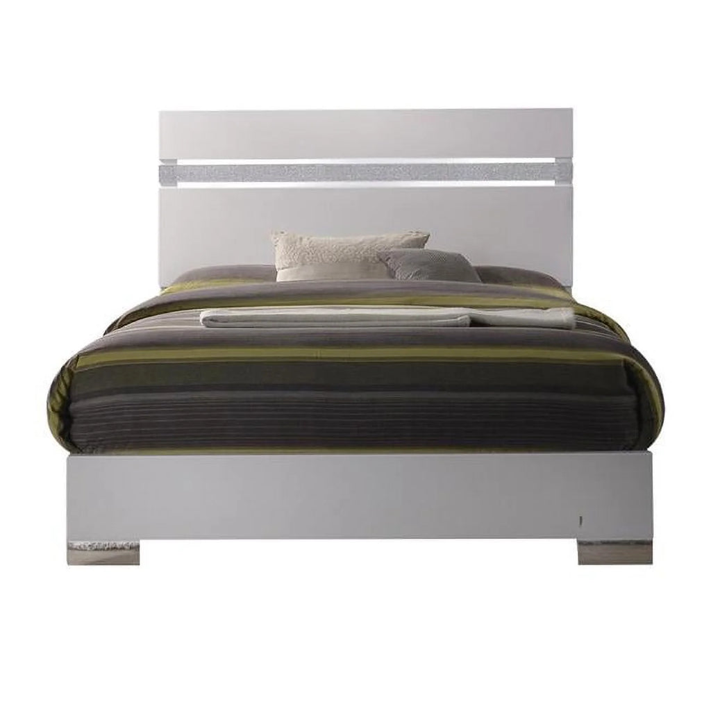 White Queen Size Wooden Bed with Crystal Accented Headboard U567217
