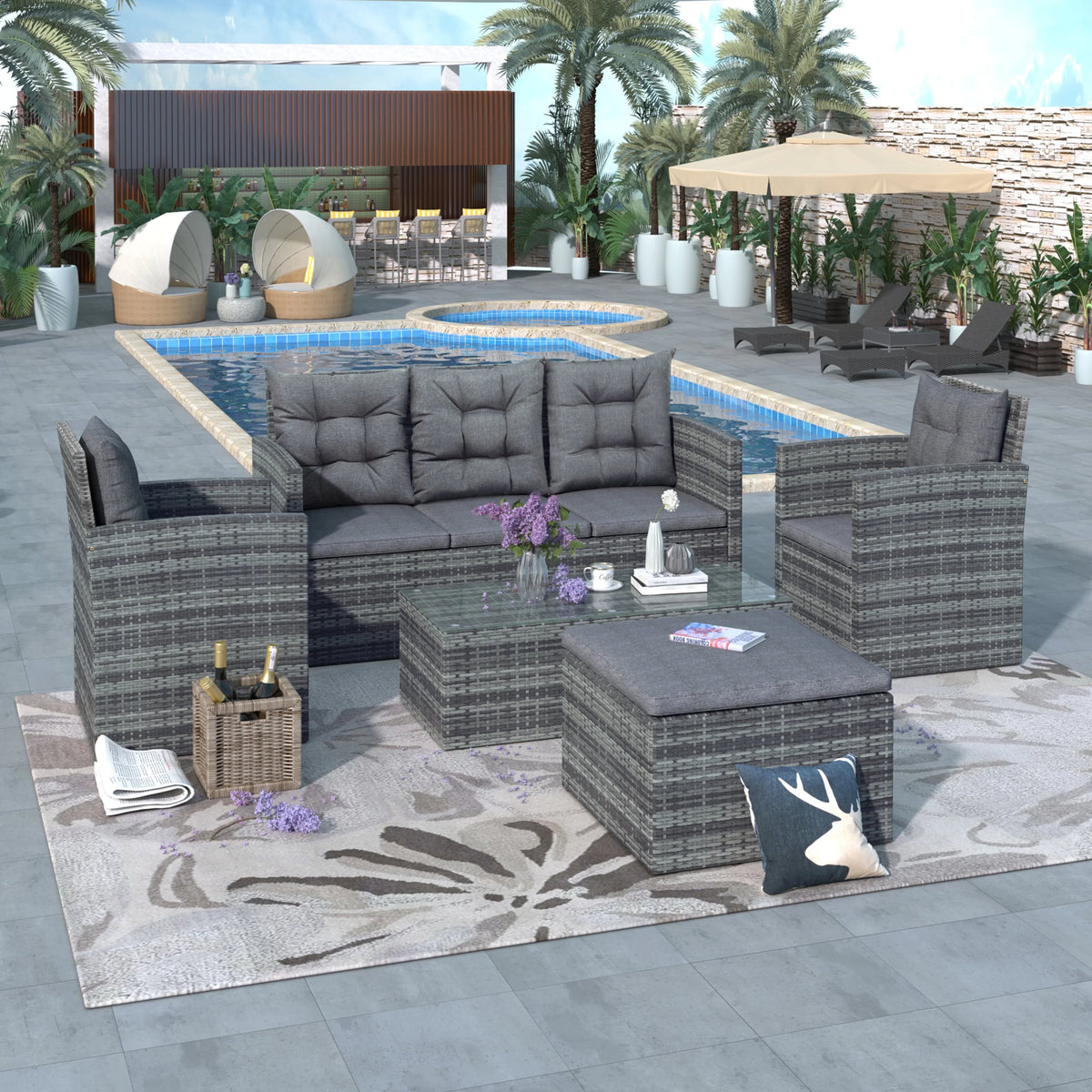 5-piece Outdoor Patio Sofa Set with Storage Bench PE Wicker Glass Table, Gray D82888