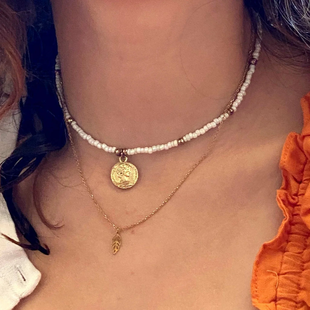 Baby Blue Glass Bead Choker with Brass Coin Pendant K52023