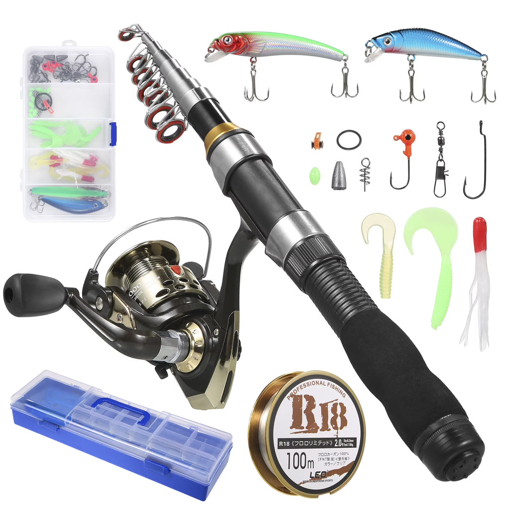 Spinning Rod Telescopic Pole Reel Combo Kit with Lures Swivels E99959
