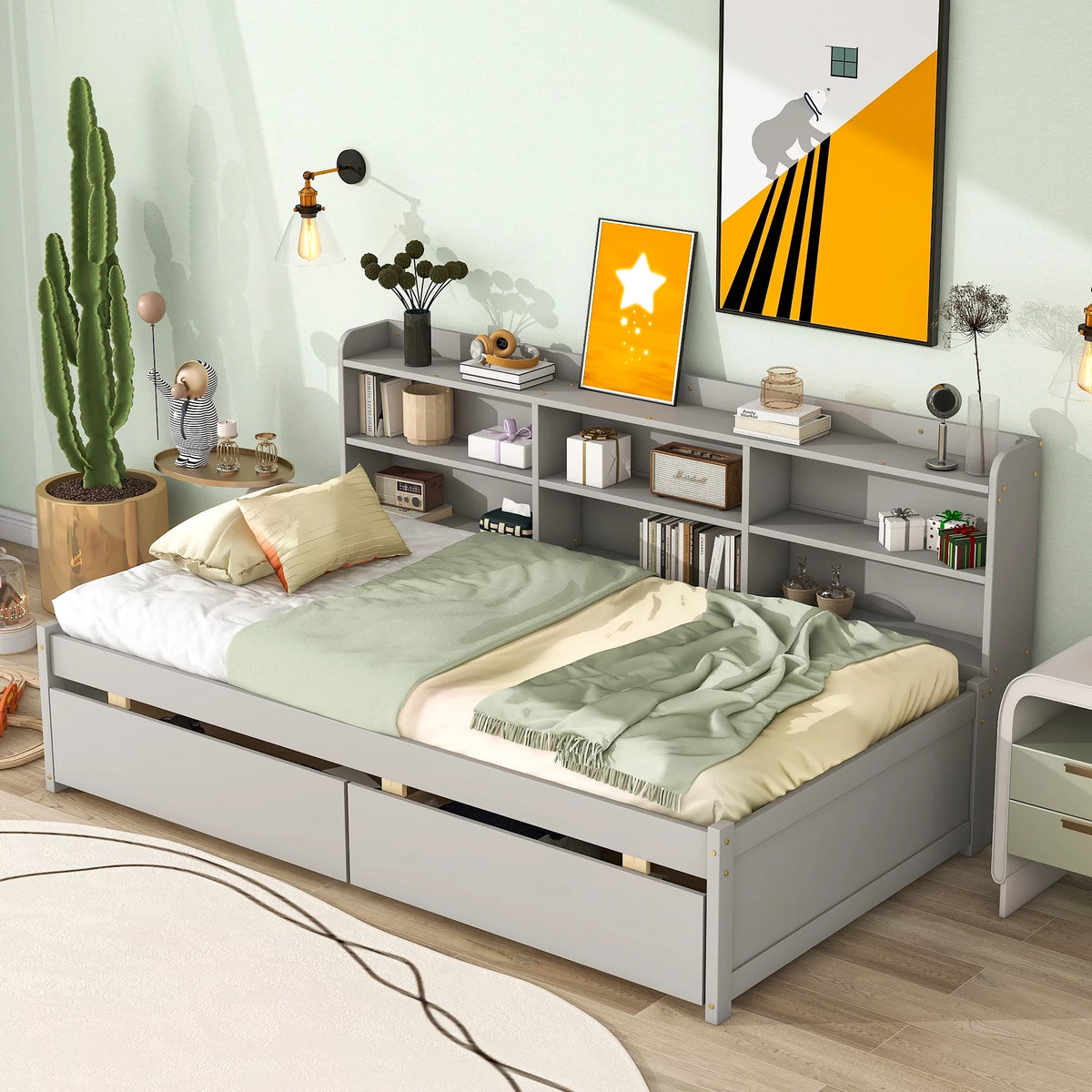 Twin Size Platform Bed with Bookcases and Drawers Gray Y688188