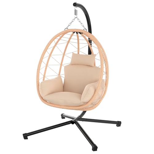 Hanging Egg Chair with Stand, UV Resistant Cushion & Pillow, 370lbs Capacity, Beige N878373