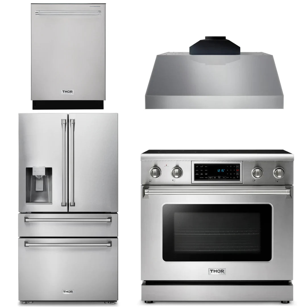 36 Electric Range, Range Hood, Refrigerator with Water and Ice Dispenser, Dishwasher Y312