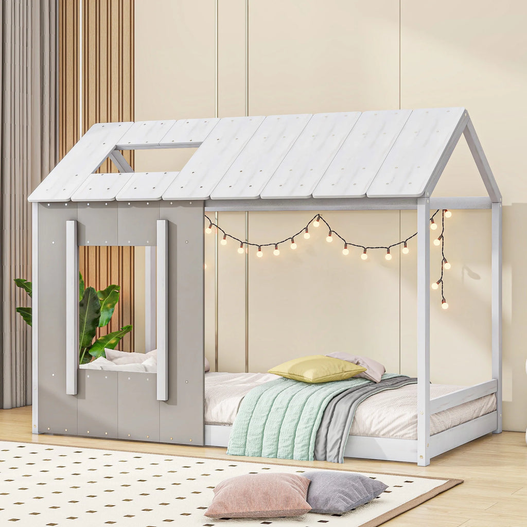Wood Twin House Platform Bed with Roof and Window, Gray C6110