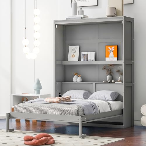 Queen Size Murphy Bed with Storage Shelves Gray D5483