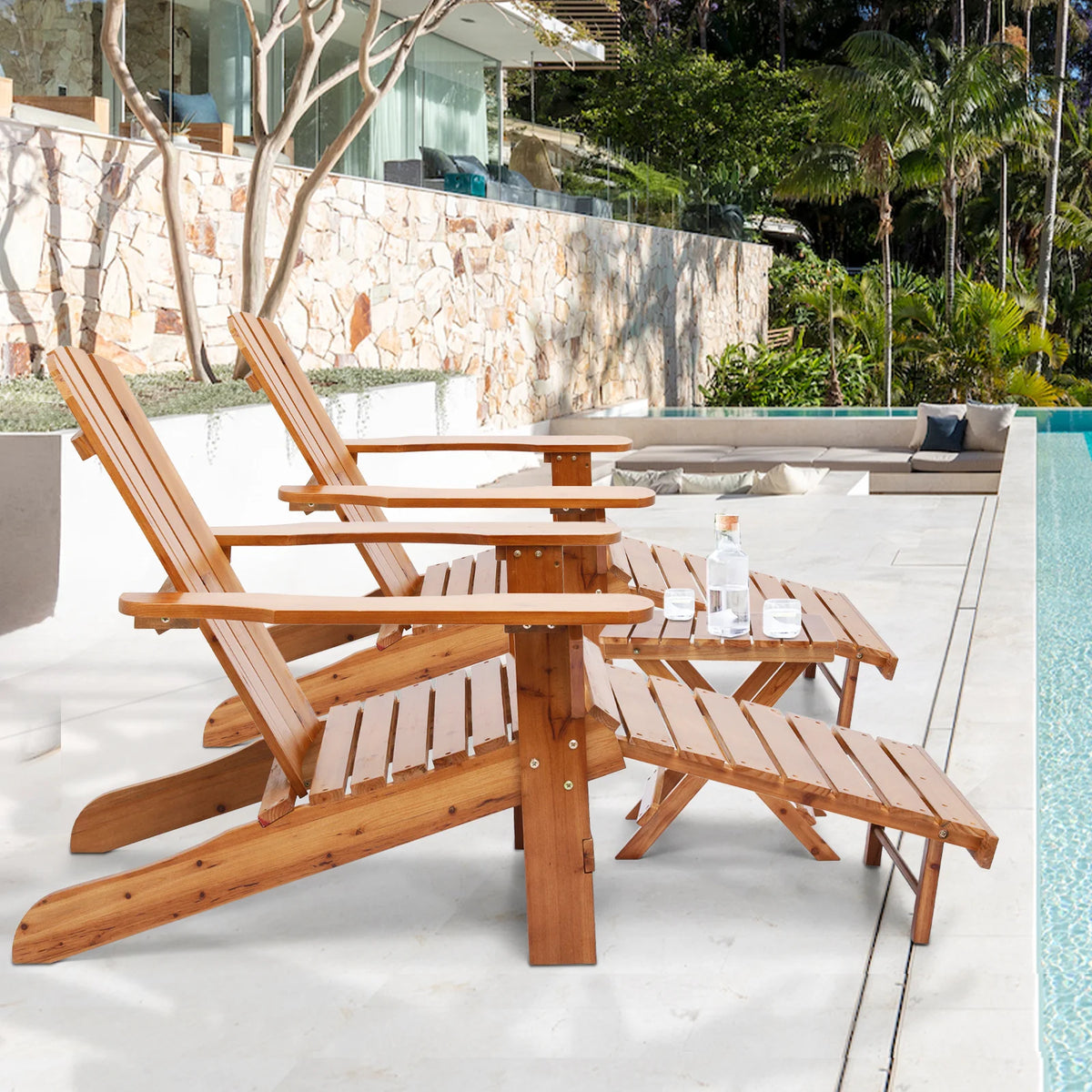 Set of 3 Teak Outdoor Folding Adirondack Chairs with Side Table C45094