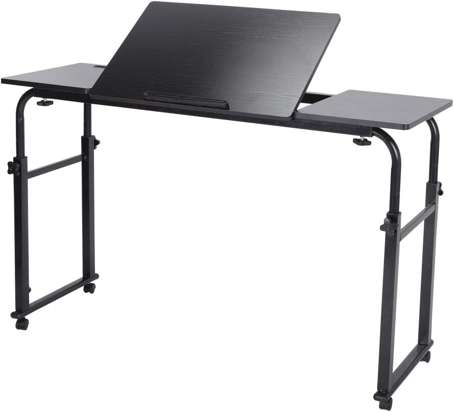 Overbed Table Mobile Computer Desk with Wheels Metal Legs Storage Shelves 47.24inch Black W433